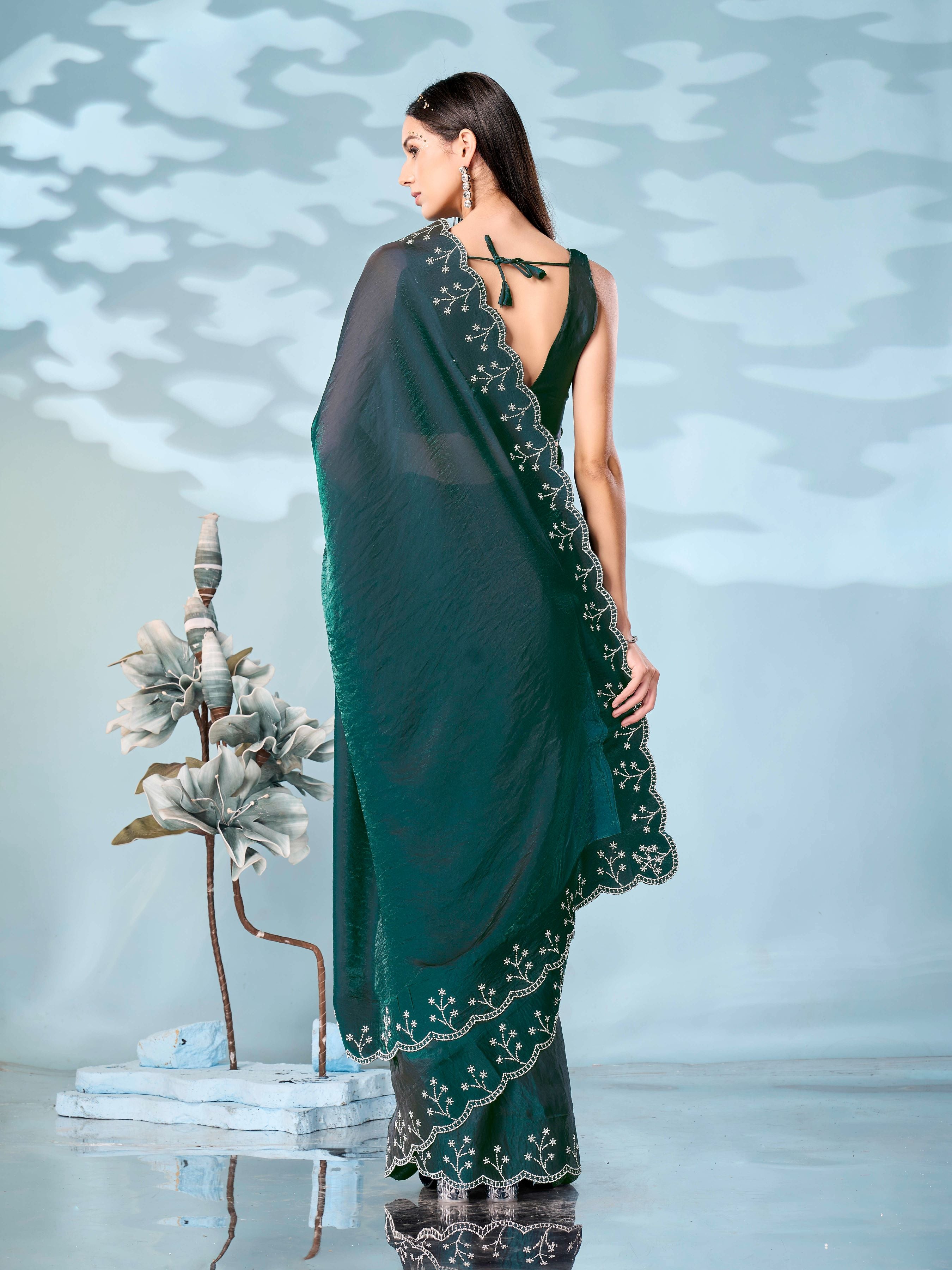 Two tone green & maroon colored satin saree with heavy work